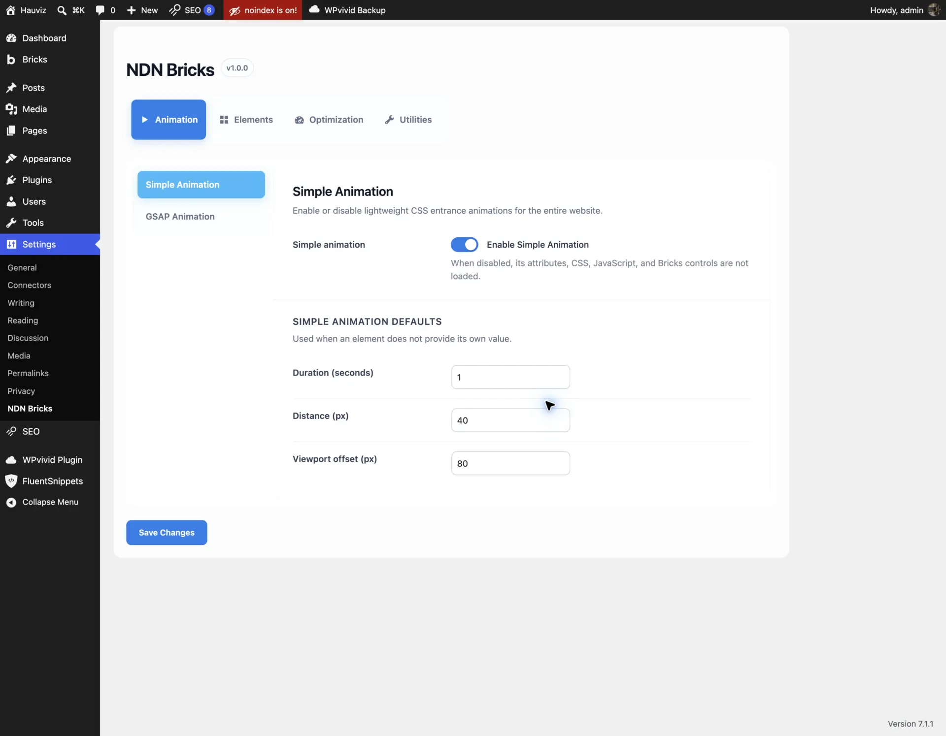 NDN Bricks Animation settings with primary tabs and modular feature navigation
