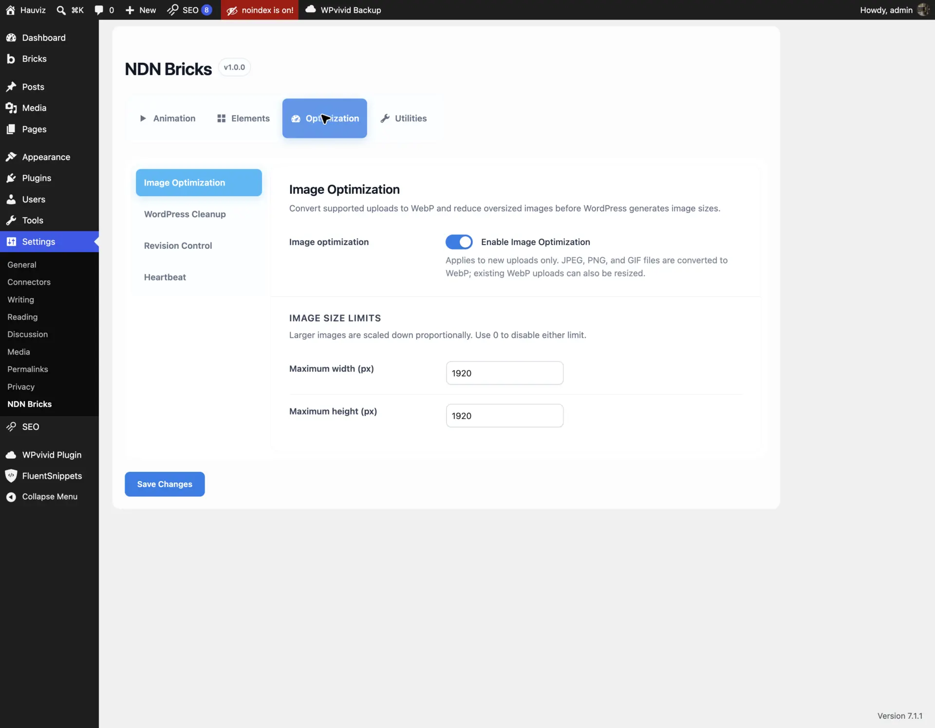 Image Optimization settings with WebP conversion and size limits