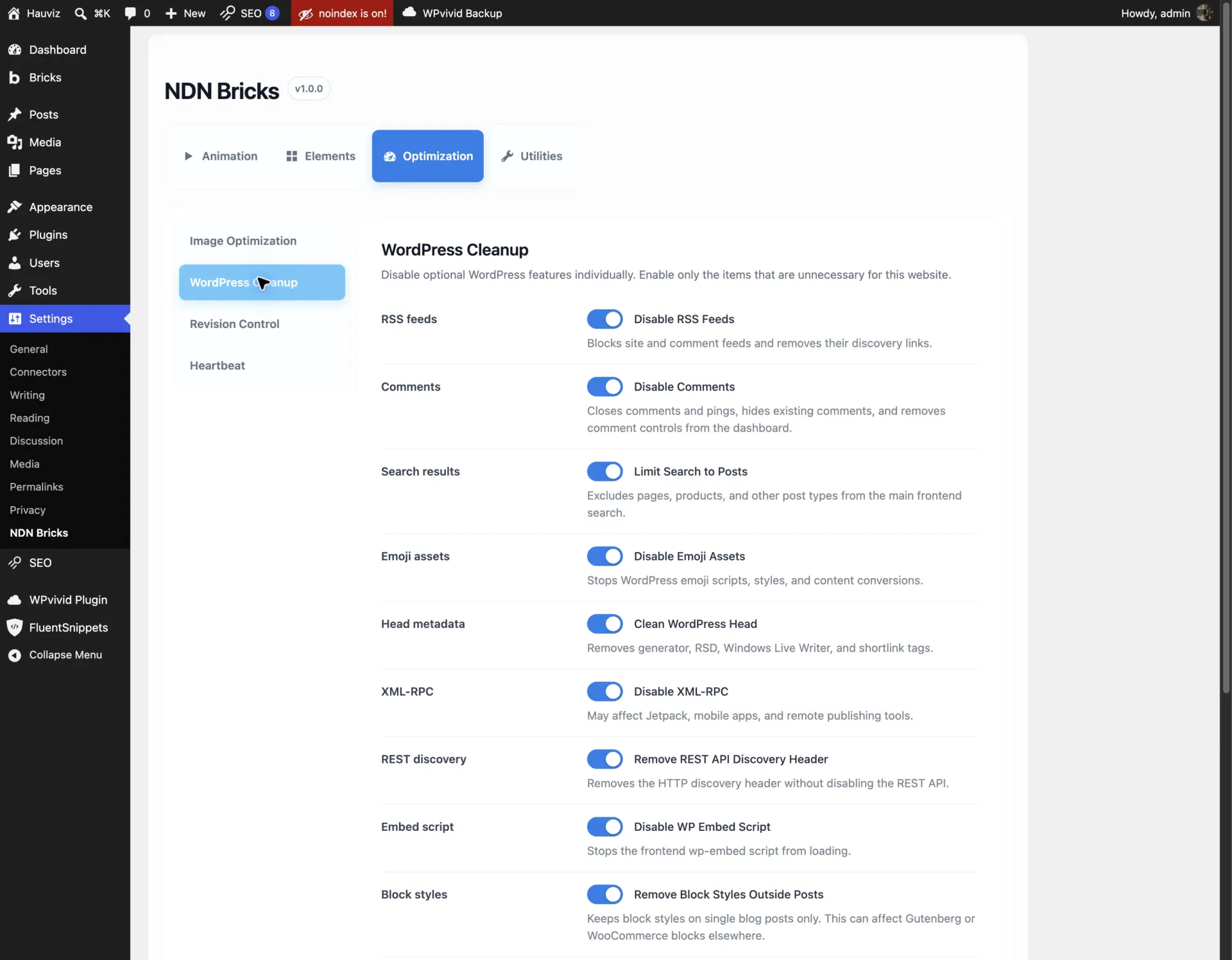 WordPress Cleanup settings with independent feature toggles