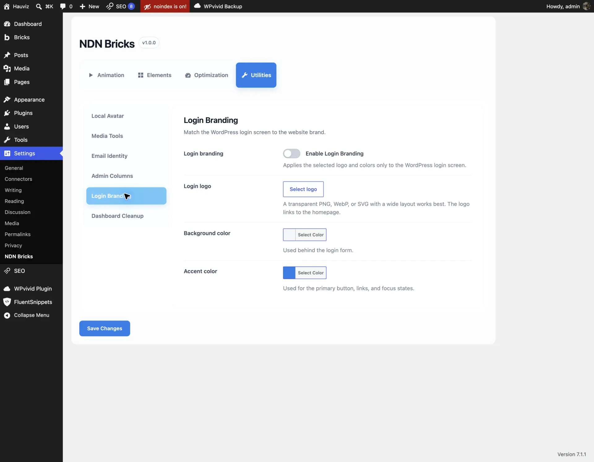 Login Branding settings with Media Library logo picker and color controls