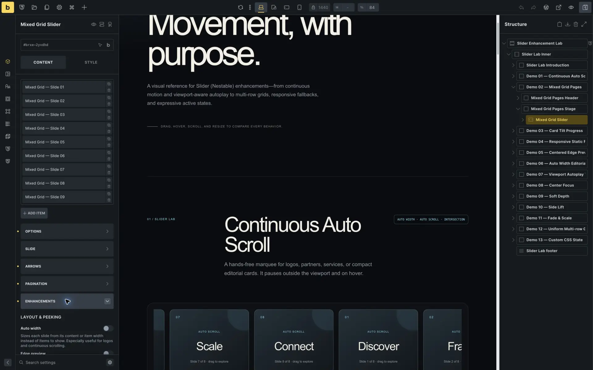 Slider Enhancements panel opened on a configured Bricks Nestable Slider