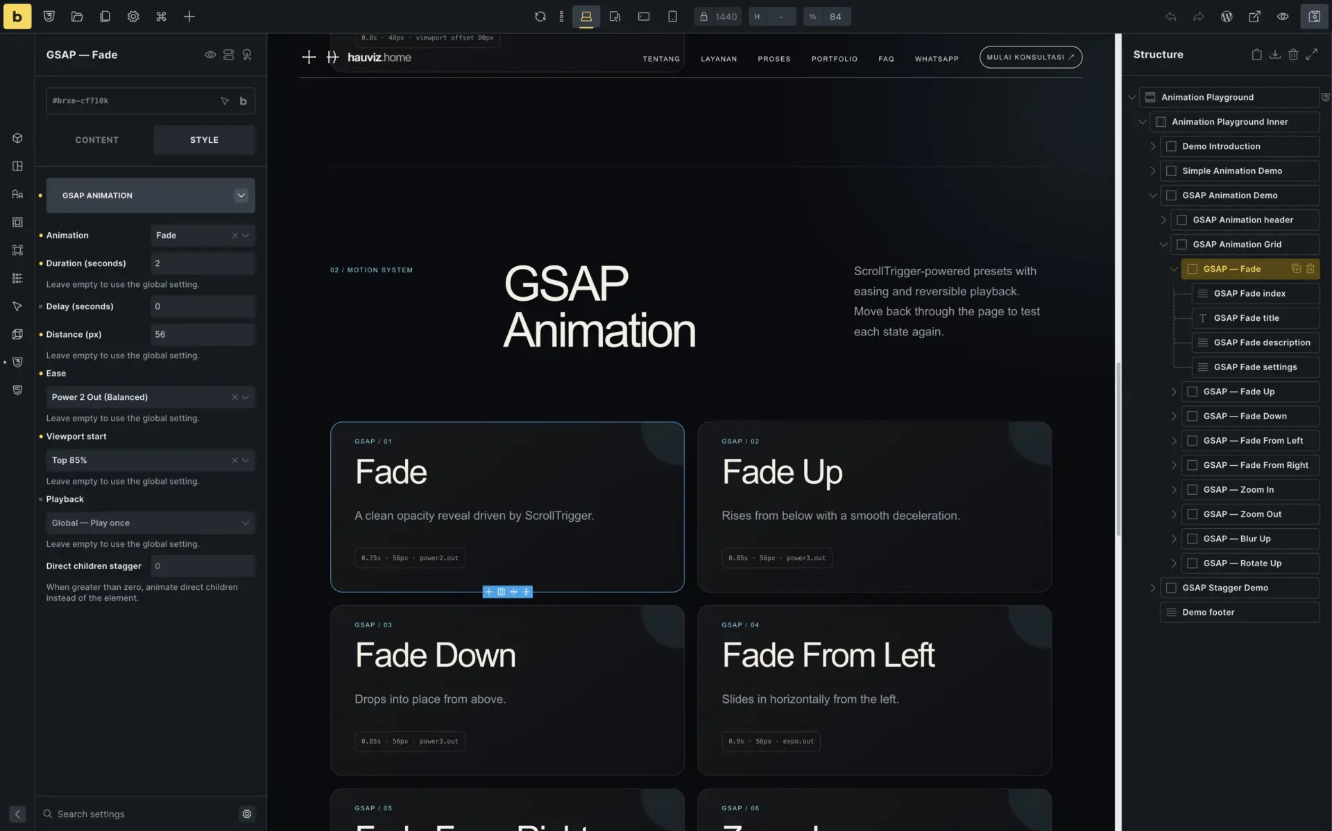 GSAP Animation controls inside the Bricks Style panel